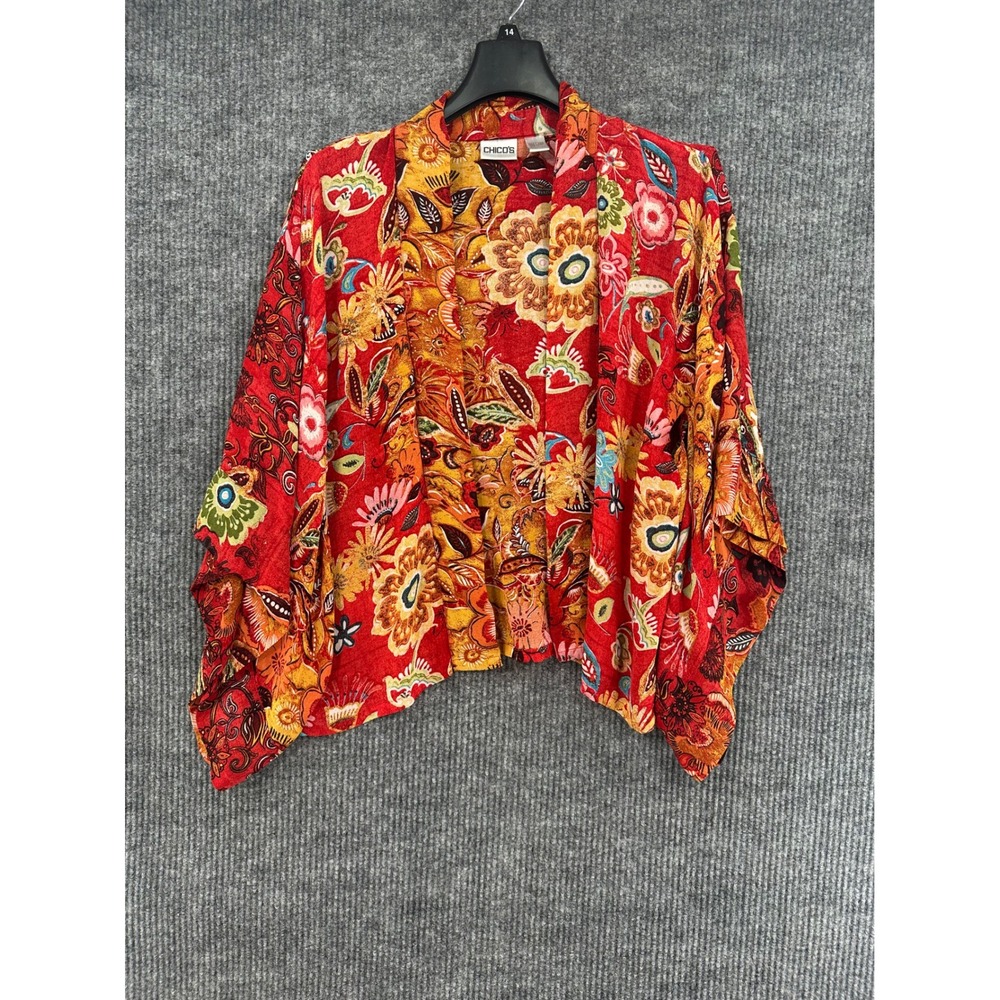 Chico's Kimono Cardigan Women S/M Red Excellent Floral Paisley Open Front Rayon